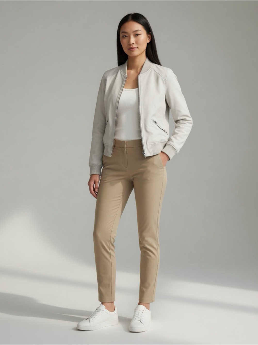 Michael Stars Light Gray Leather Bomber with Coral Lining